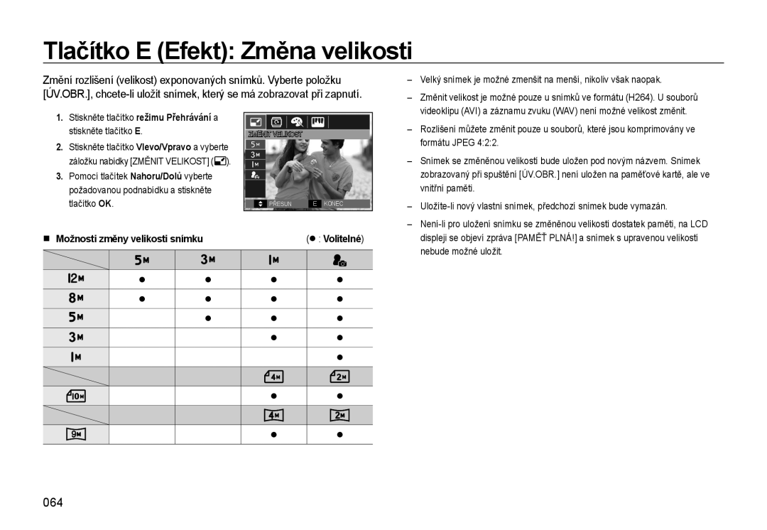 Samsung EC-WB550ABP/E1, EC-WB550BBP/E1 Tlačítko E Efekt Změna velikosti, 064, Možnosti změny velikosti snímku Volitelné 