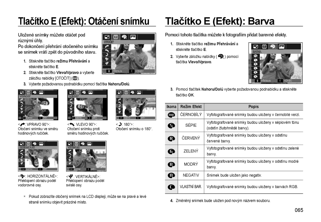 Samsung EC-WB550ABP/E3, EC-WB550BBP/E1, EC-WB550ABP/E1, EC-WB550BBP/E3 Tlačítko E Efekt Barva, 065, Ikona Režim Efekt Popis 