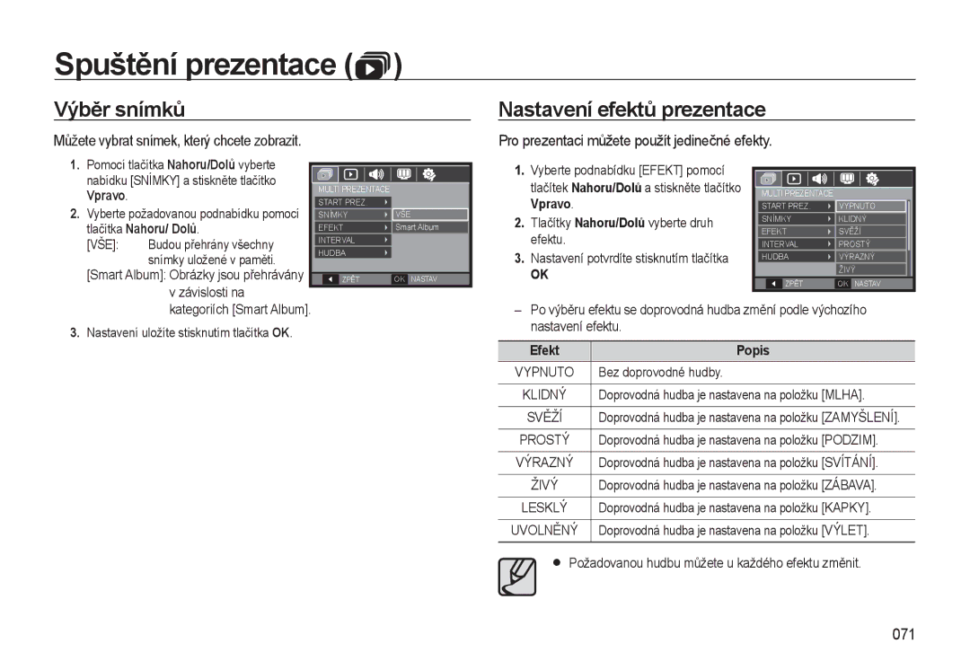 Samsung EC-WB550BBP/E1 manual Výběr snímků Nastavení efektů prezentace, 071, Tlačítky Nahoru/Dolů vyberte druh efektu 