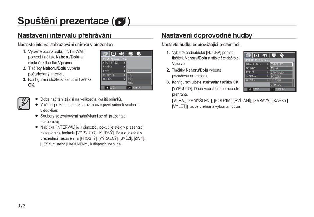 Samsung EC-WB550ABP/E1 Nastavení intervalu přehrávání, Nastavení doprovodné hudby, Nastavte hudbu doprovázející prezentaci 