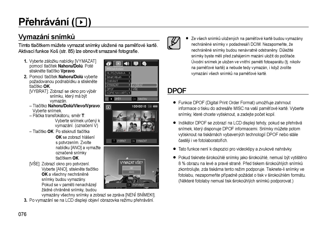 Samsung EC-WB550ABP/E1, EC-WB550BBP/E1, EC-WB550ABP/E3 manual Vymazání snímků, 076, Tlačítko OK Po stisknutí tlačítka 