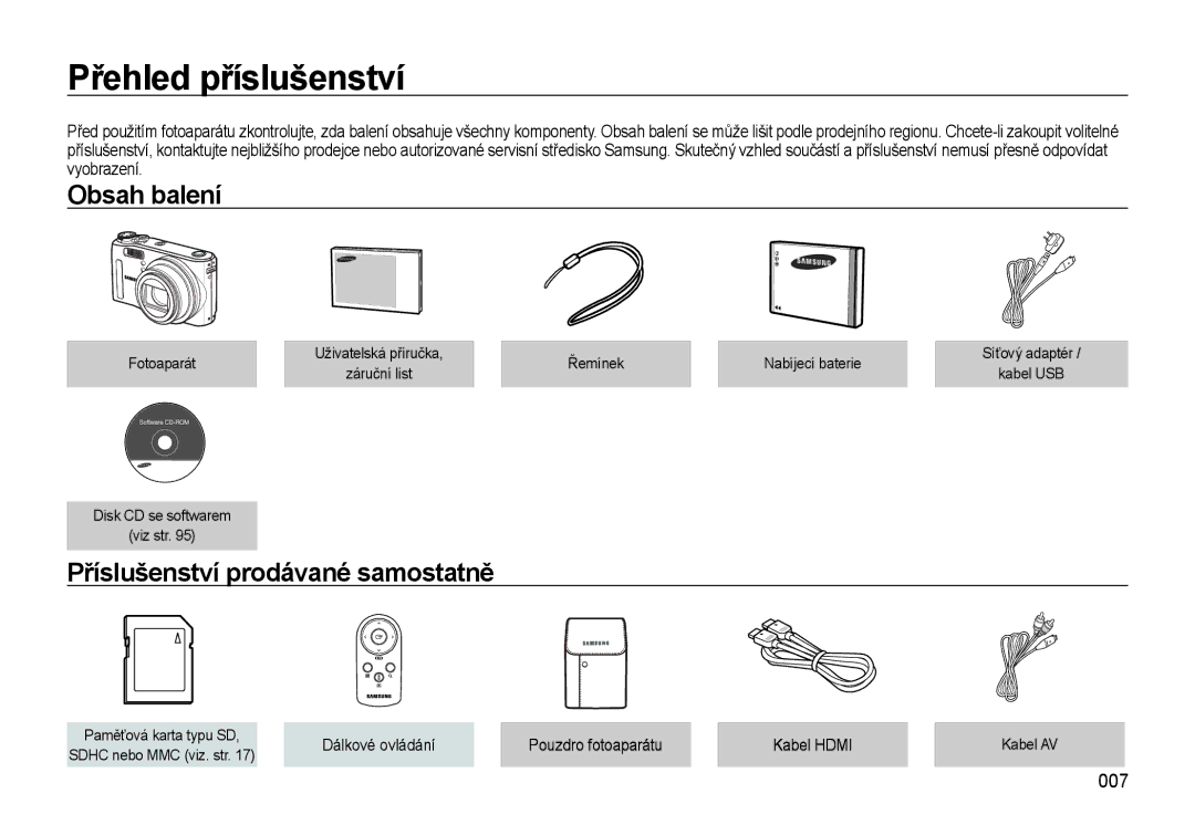 Samsung EC-WB550BBP/E1, EC-WB550ABP/E1 manual Přehled příslušenství, Obsah balení, Příslušenství prodávané samostatně, 007 