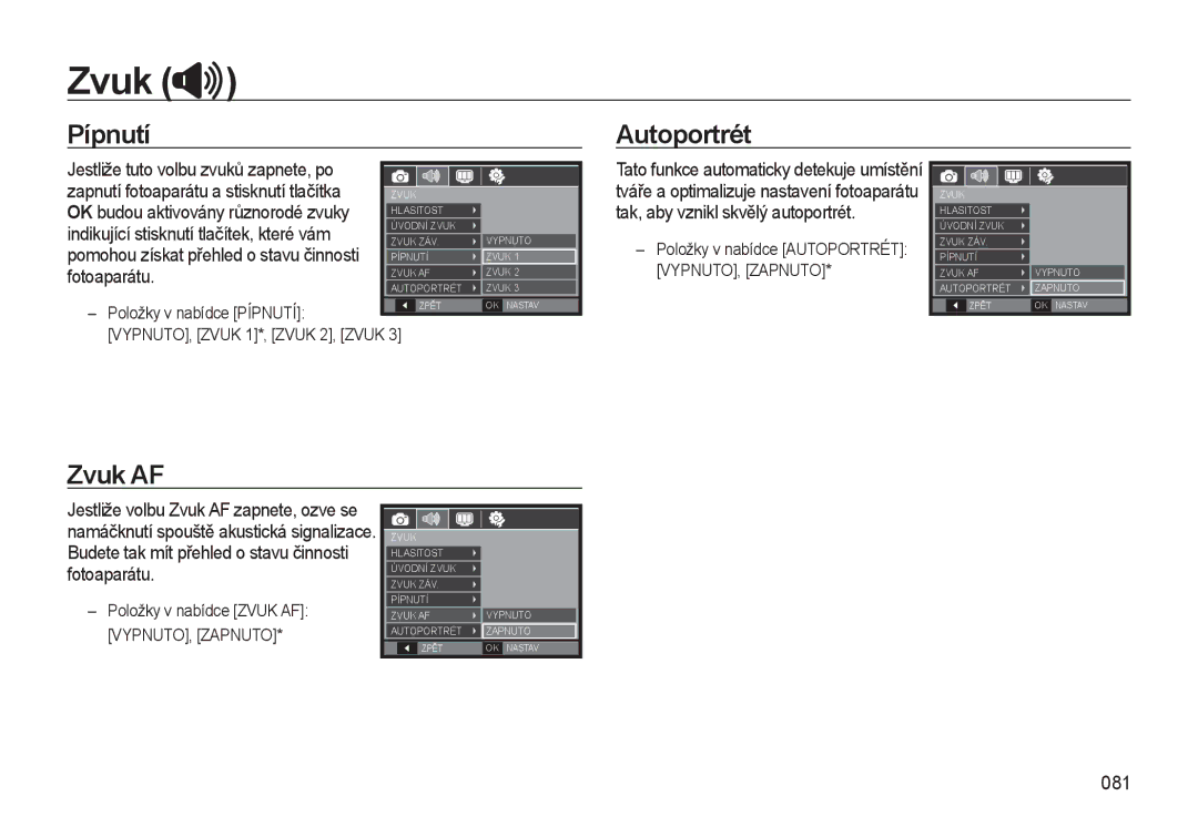 Samsung EC-WB550ABP/E3, EC-WB550BBP/E1, EC-WB550ABP/E1, EC-WB550BBP/E3 manual Pípnutí Autoportrét, Zvuk AF, 081 