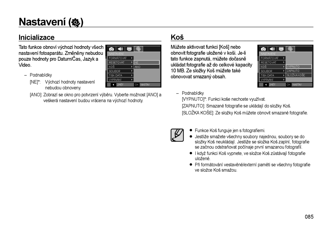 Samsung EC-WB550ABP/E3, EC-WB550BBP/E1, EC-WB550ABP/E1, EC-WB550BBP/E3 manual Nastavení, 085 