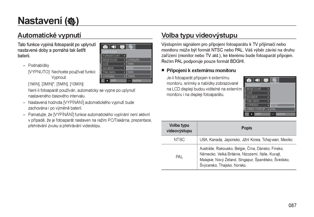 Samsung EC-WB550BBP/E1, EC-WB550ABP/E1 Automatické vypnutí Volba typu videovýstupu, 087, Připojení k externímu monitoru 