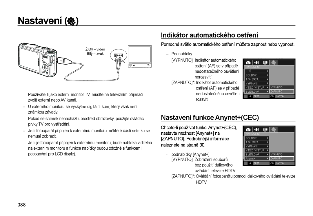 Samsung EC-WB550ABP/E1 manual Indikátor automatického ostření, Nastavení funkce Anynet+CEC, Naleznete na straně, 088 