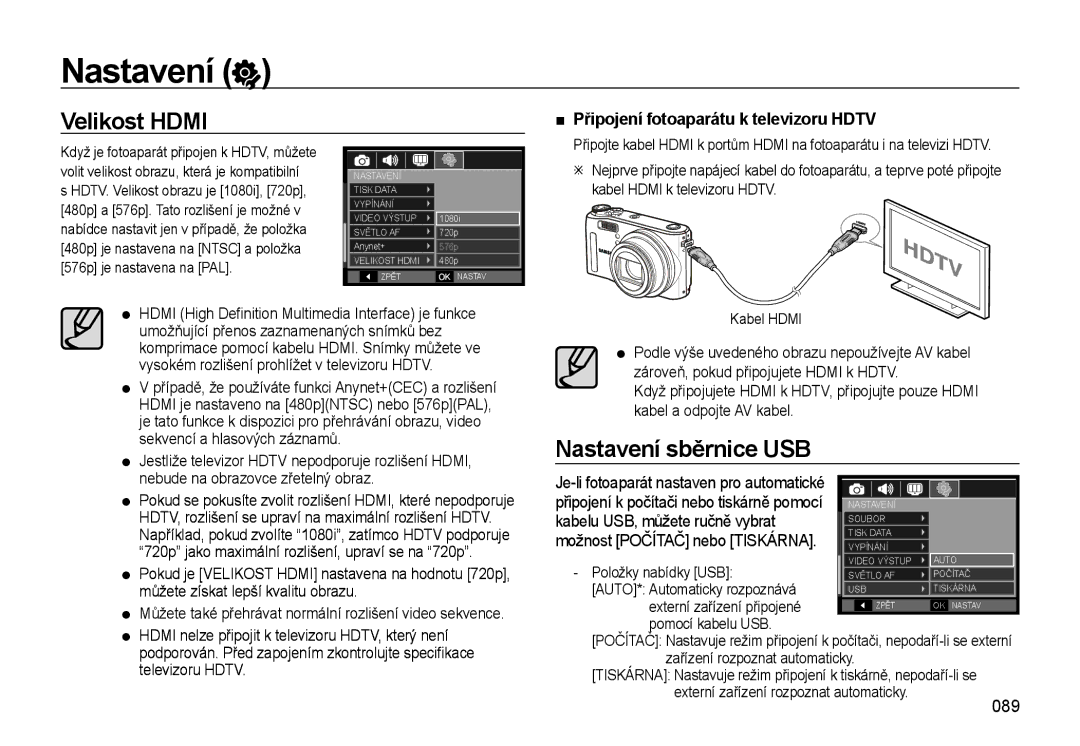 Samsung EC-WB550ABP/E3, EC-WB550BBP/E1 Velikost Hdmi, Nastavení sběrnice USB, Připojení fotoaparátu k televizoru Hdtv, 089 