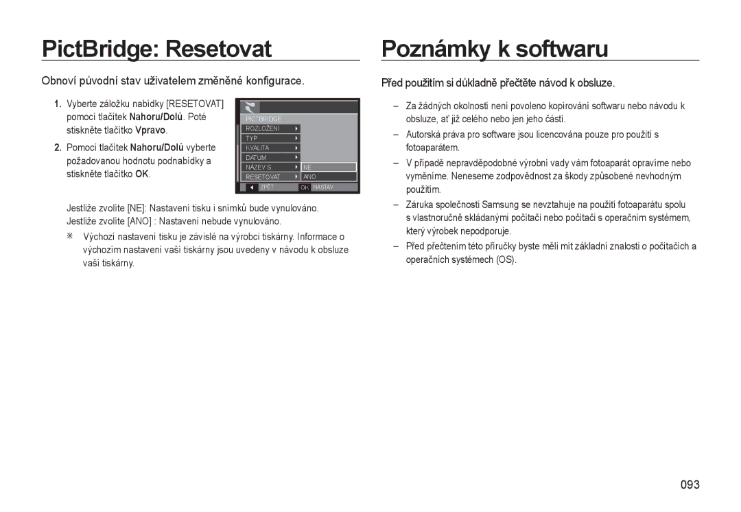 Samsung EC-WB550ABP/E3 PictBridge Resetovat, Poznámky k softwaru, Obnoví původní stav uživatelem změněné konﬁgurace, 093 