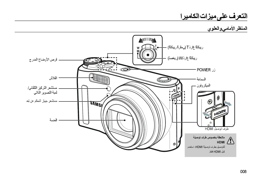 Samsung EC-WB550ABP/ME, EC-WB550BBP/E1 manual اﺮﻴﻣﺎﻜﻟا تاﺰﻴﻣ ﻰﻠﻋ فﺮﻌﺘﻟا, يﻮﻠﻌﻟاوﻲﻣﺎﻣﻷاﺮﻈﻨﻤﻟا, جرﺪﻤﻟا عﺎﺿوﻷا صﺮﻗ شﻼﻔﻟا, 008 