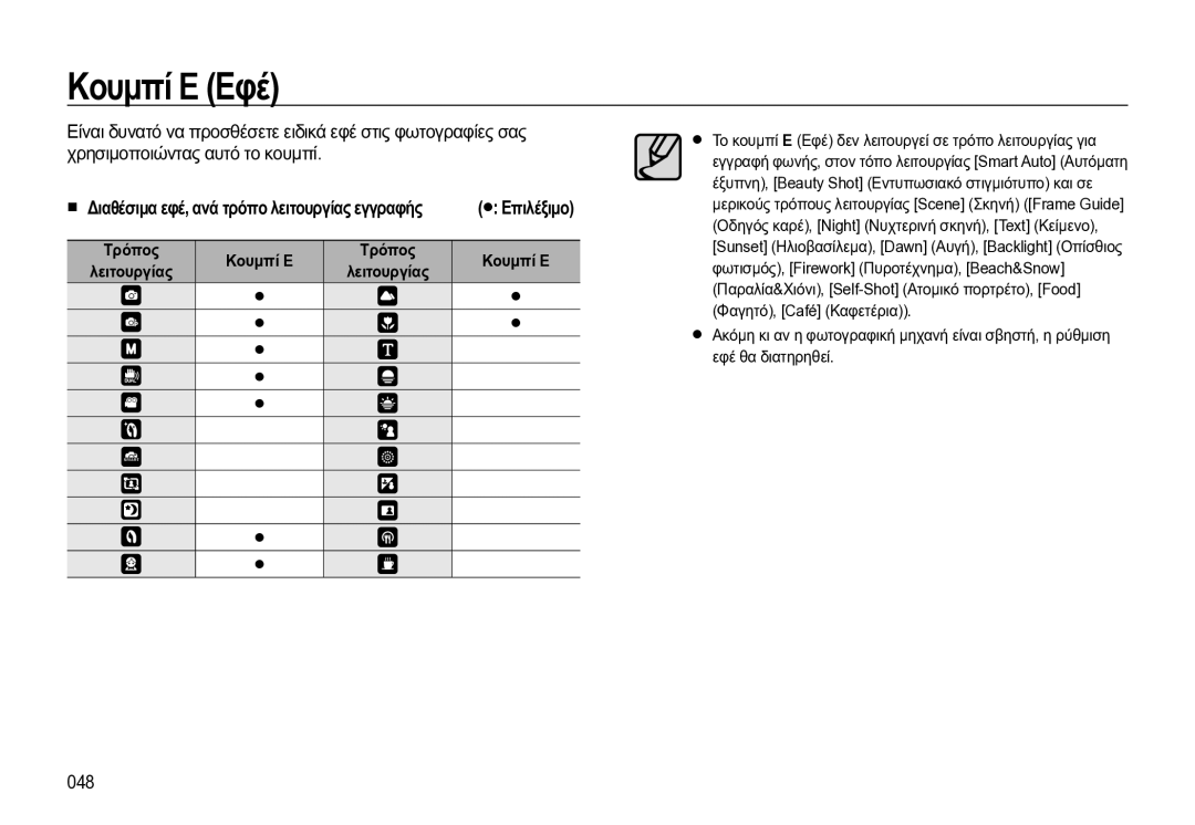 Samsung EC-WB550BBP/E3 manual Κουμπί E Εφέ, 048 