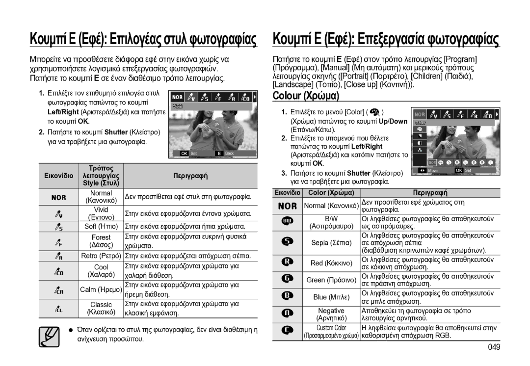 Samsung EC-WB550BBP/E3 manual Colour Χρώμα, 049, Εικονίδιο λειτουργίας, Για να τραβήξετε μια φωτογραφία 