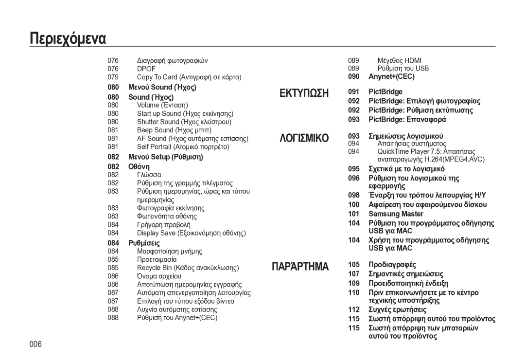 Samsung EC-WB550BBP/E3 manual 006, 089 Μέγεθος Hdmi 089 Ρύθμιση του USB, 094 Απαιτήσεις συστήματος 