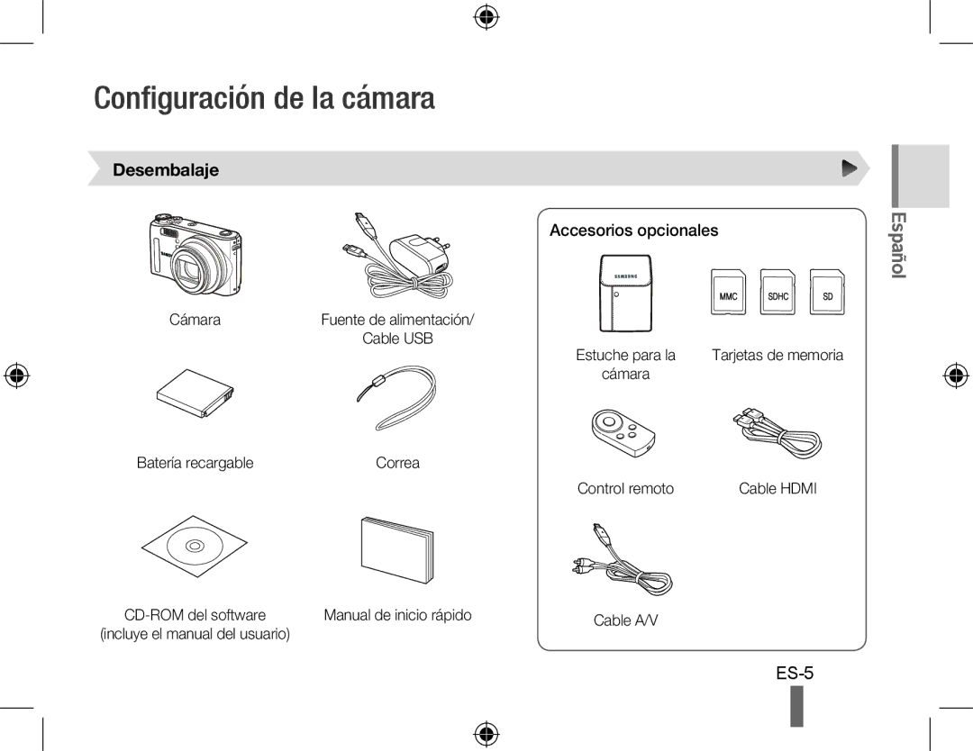 Samsung EC-WB550ABP/E2, EC-WB550BBP/FR, EC-WB550ABP/FR manual Configuración de la cámara, Desembalaje, Accesorios opcionales 