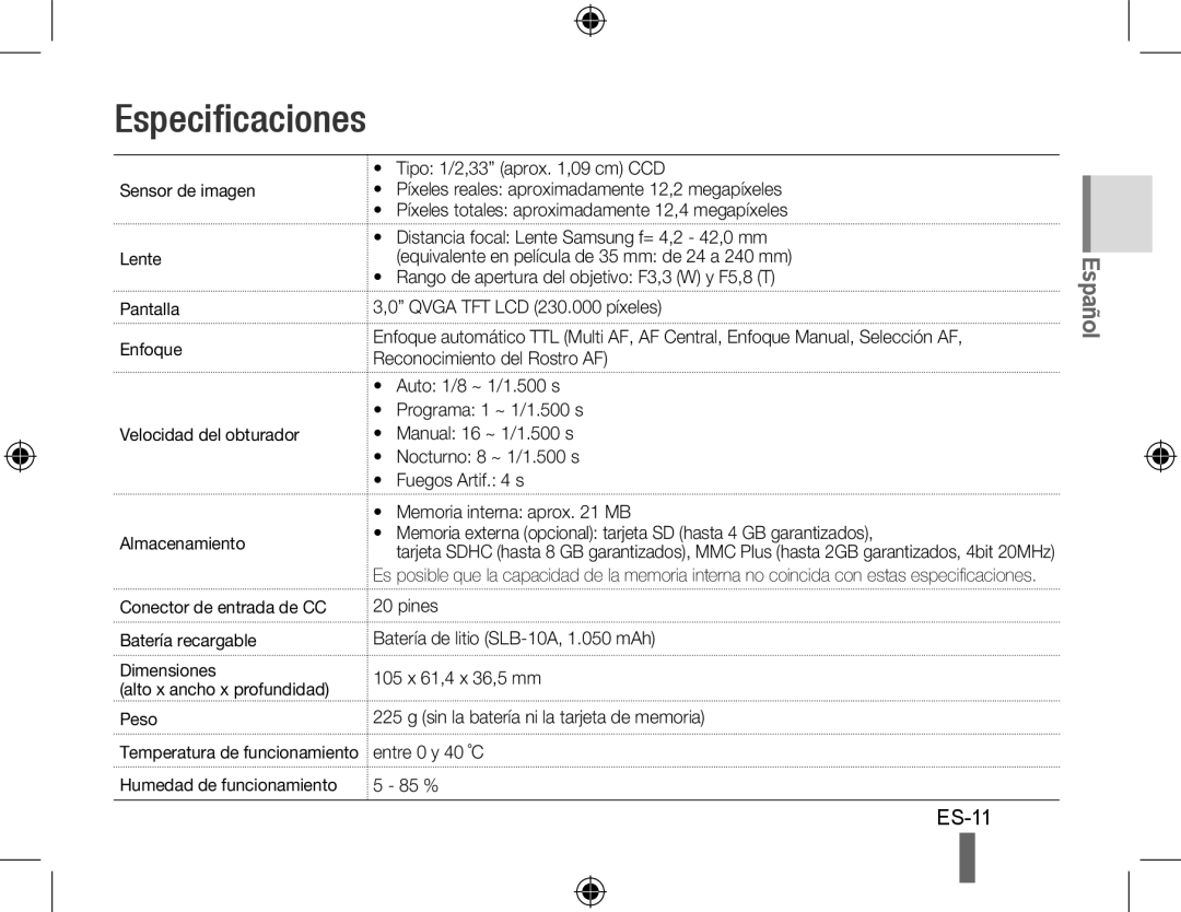 Samsung EC-WB560BBP/FR, EC-WB550BBP/FR, EC-WB550ABP/FR, EC-WB550BBP/IT, EC-WB550BBP/E1, EC-WB550ABP/IT manual Especificaciones 