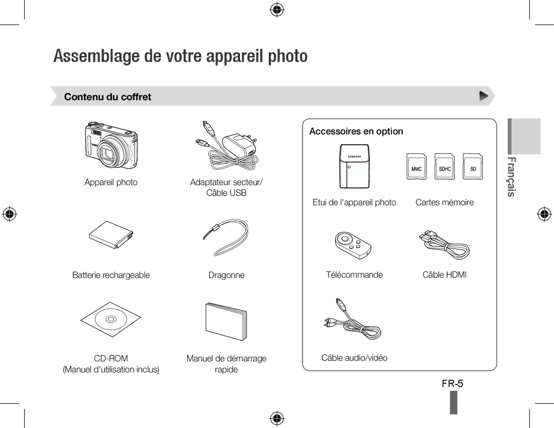 Samsung EC-WB550BDP/AS, EC-WB550BBP/FR manual Assemblage de votre appareil photo, Contenu du coffret, Accessoires en option 