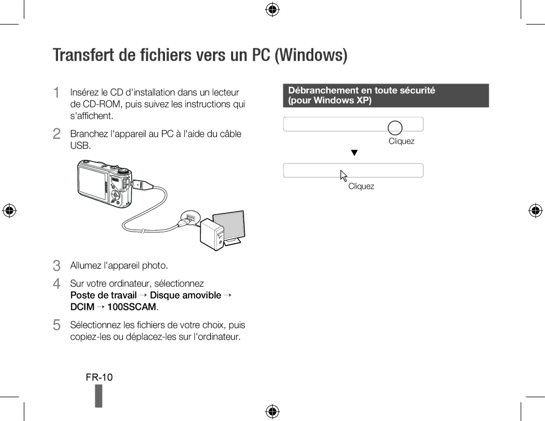 Samsung EC-WB550BBP/ME manual Transfert de fichiers vers un PC Windows, Débranchement en toute sécurité pour Windows XP 