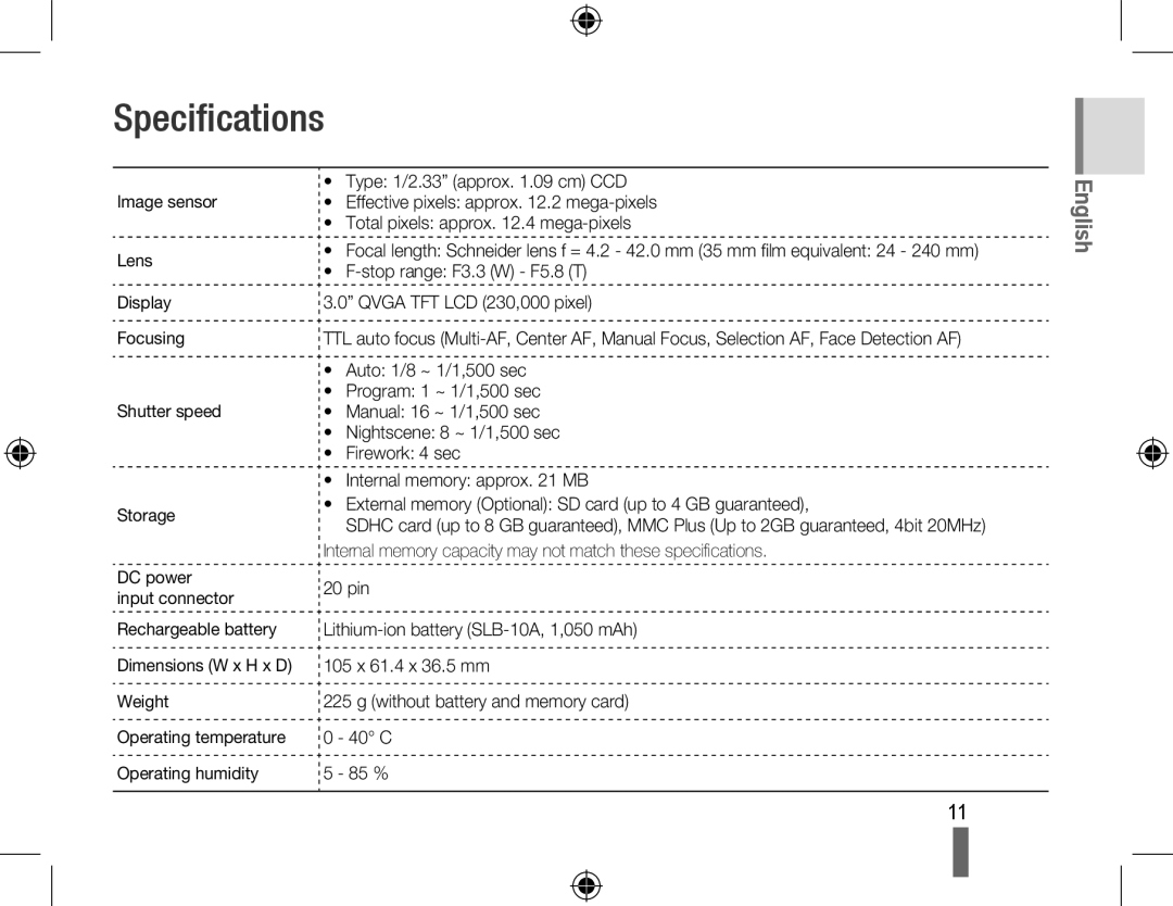 Samsung EC-WB550BBP/ME, EC-WB550BBP/FR, EC-WB550ABP/FR, EC-WB560BBP/FR, EC-WB550BBP/IT, EC-WB550BBP/E1 manual Specifications 