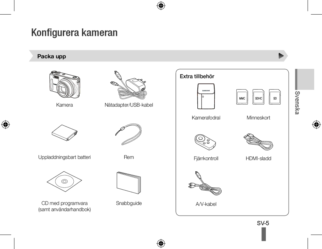 Samsung EC-WB550BDP/AS, EC-WB550BBP/FR, EC-WB550ABP/FR, EC-WB560BBP/FR manual Konfigurera kameran, Packa upp, Extra tillbehör 