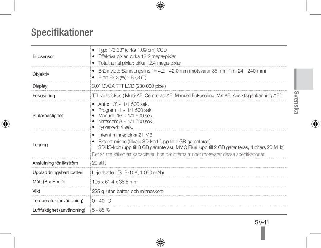 Samsung EC-WB550BBP/SA, EC-WB550BBP/FR, EC-WB550ABP/FR, EC-WB560BBP/FR, EC-WB550BBP/IT, EC-WB550BBP/E1 manual Specifikationer 