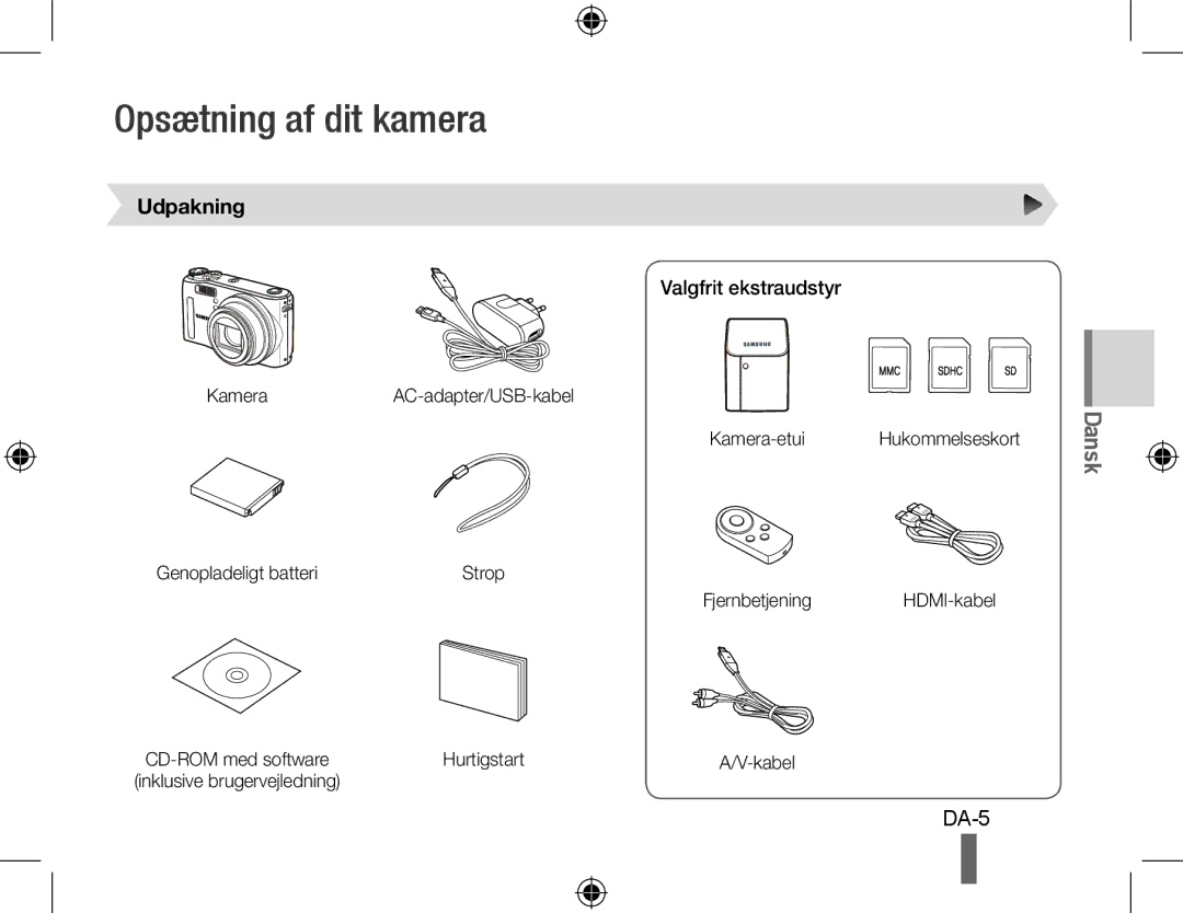 Samsung EC-WB550BBP/E2, EC-WB550BBP/FR, EC-WB550ABP/FR manual Opsætning af dit kamera, Udpakning, Valgfrit ekstraudstyr 