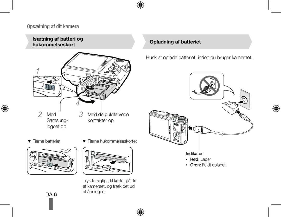 Samsung EC-WB550ABP/RU Isætning af batteri og hukommelseskort, Med, Samsung Kontakter op Logoet op, Opladning af batteriet 