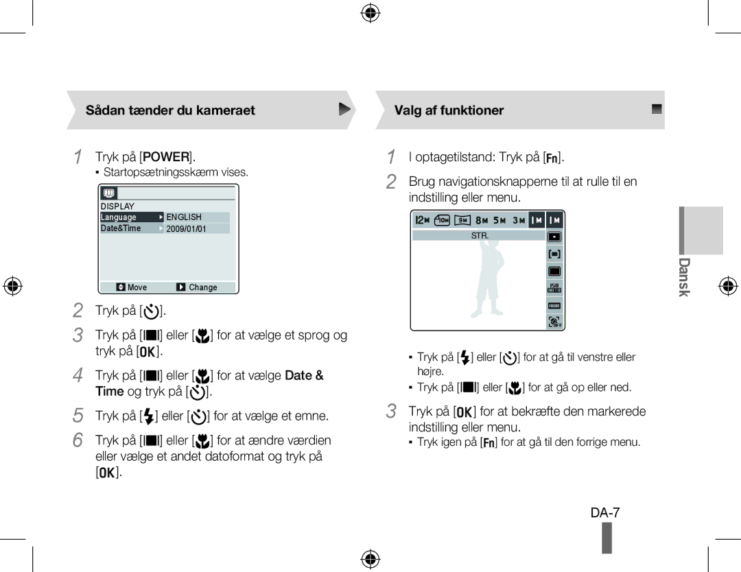 Samsung EC-WB550BBP/RU, EC-WB550BBP/FR, EC-WB550ABP/FR, EC-WB560BBP/FR manual Sådan tænder du kameraet, Valg af funktioner 