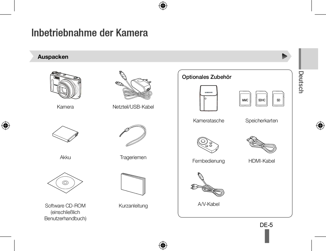 Samsung EC-WB550ABP/E2, EC-WB550BBP/FR, EC-WB550ABP/FR manual Inbetriebnahme der Kamera, Auspacken, Optionales Zubehör 