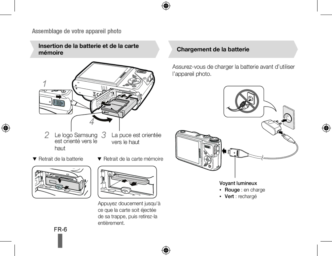 Samsung EC-WB550ABP/E1 Insertion de la batterie et de la carte mémoire, Vers le haut, Haut, Chargement de la batterie 