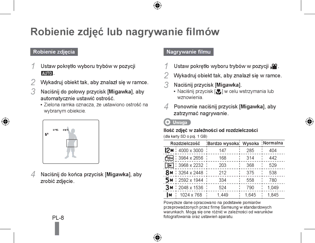 Samsung EC-WB550ABP/ME, EC-WB550BBP/FR manual Robienie zdjęć lub nagrywanie filmów, Robienie zdjęcia, Nagrywanie filmu 