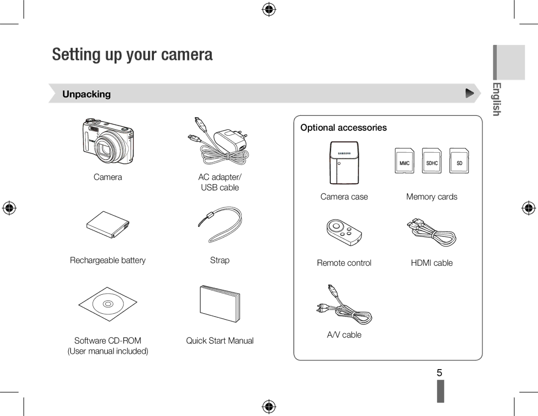 Samsung EC-WB550ABP/IT, EC-WB550BBP/FR, EC-WB550ABP/FR manual Setting up your camera, Unpacking, Optional accessories 