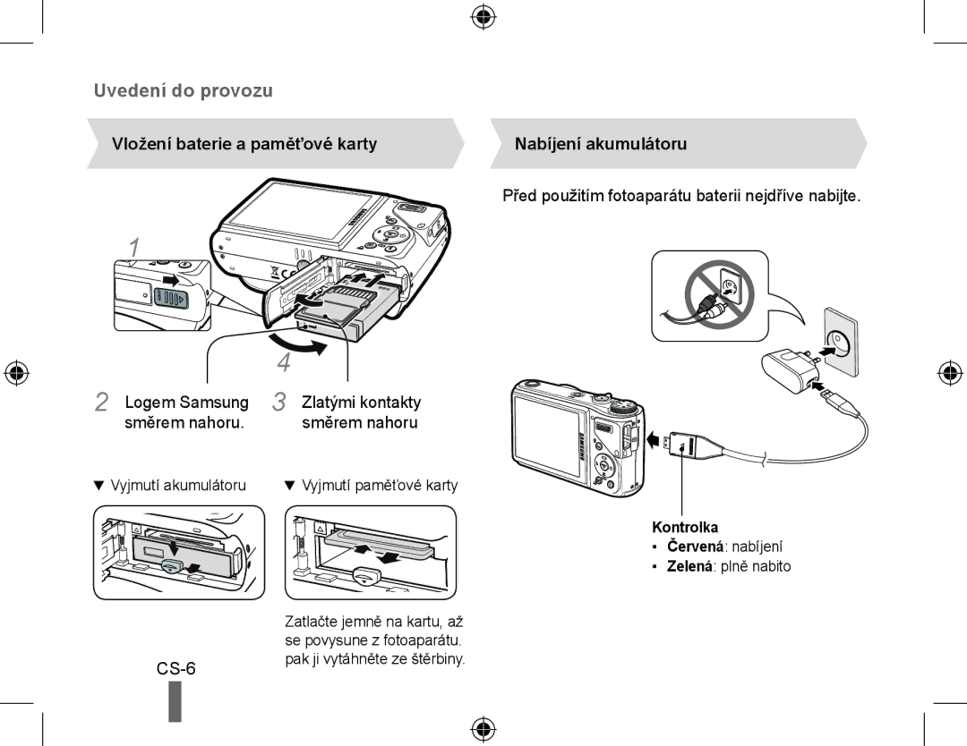 Samsung EC-WB550BBP/RU manual Vložení baterie a paměťové karty, Logem Samsung Zlatými kontakty Směrem nahoru, Kontrolka 