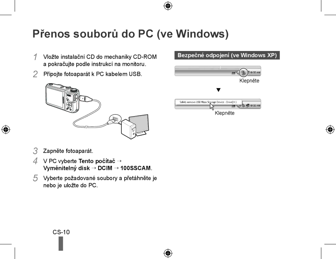 Samsung EC-WB550BBP/IT, EC-WB550BBP/FR manual Přenos souborů do PC ve Windows, CS-10, Bezpečné odpojení ve Windows XP 