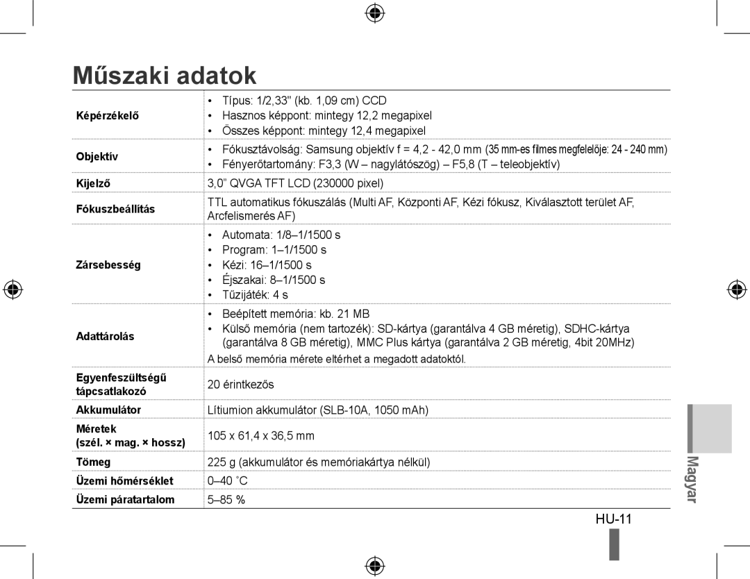 Samsung EC-WB550ABP/IT, EC-WB550BBP/FR, EC-WB550ABP/FR, EC-WB560BBP/FR, EC-WB550BBP/IT, EC-WB550BBP/E1 Műszaki adatok, HU-11 