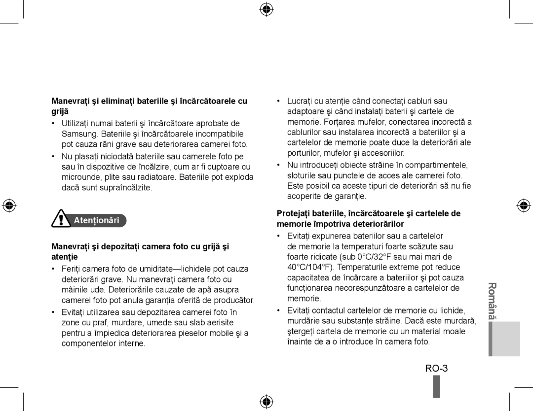 Samsung EC-WB550ABP/E1, EC-WB550BBP/FR manual Manevraţi şi eliminaţi bateriile şi încărcătoarele cu grijă, Atenţionări 