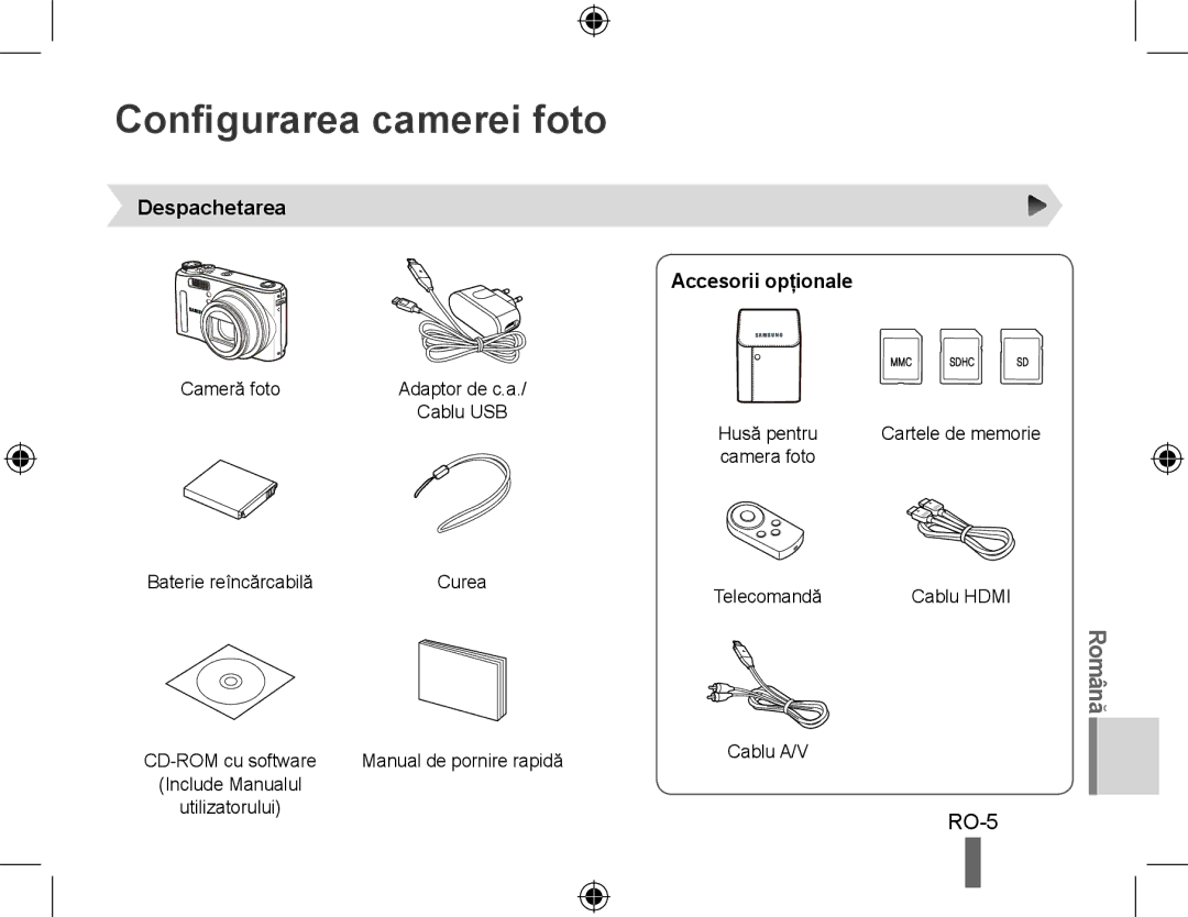 Samsung EC-WB550BBP/GB Configurarea camerei foto, Despachetarea Accesorii opţionale, Manual de pornire rapidă Cablu A/V 