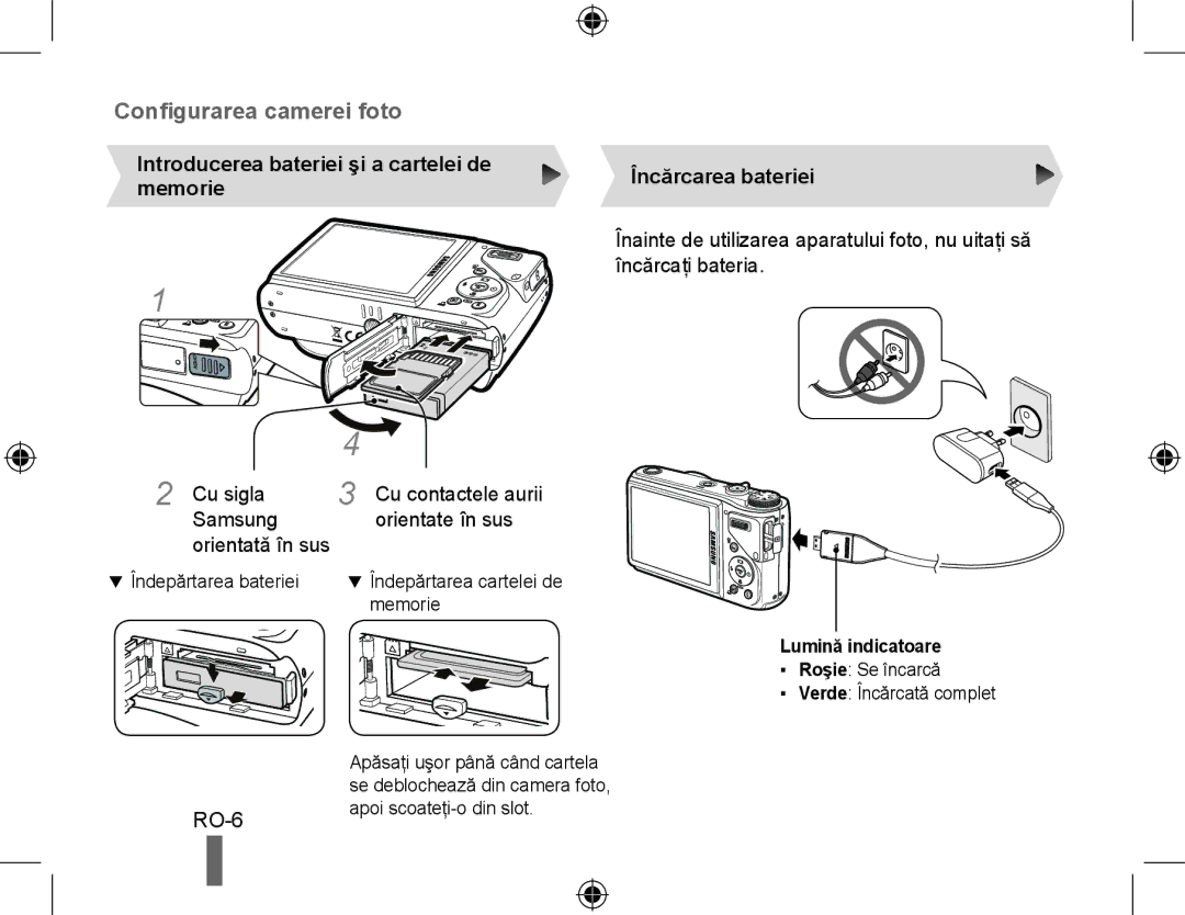 Samsung EC-WB550ABP/ME manual Introducerea bateriei şi a cartelei de, Memorie, Încărcarea bateriei, Lumină indicatoare 