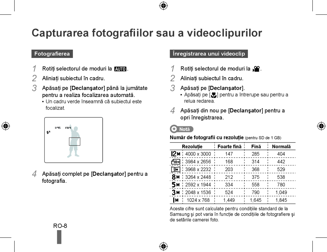 Samsung EC-WB550BBP/SA manual Capturarea fotografiilor sau a videoclipurilor, Fotografierea, Înregistrarea unui videoclip 