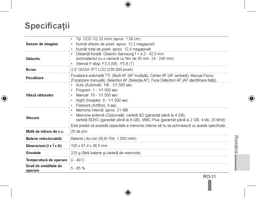 Samsung EC-WB550ABP/E2, EC-WB550BBP/FR, EC-WB550ABP/FR, EC-WB560BBP/FR, EC-WB550BBP/IT, EC-WB550BBP/E1 Specificaţii, RO-11 