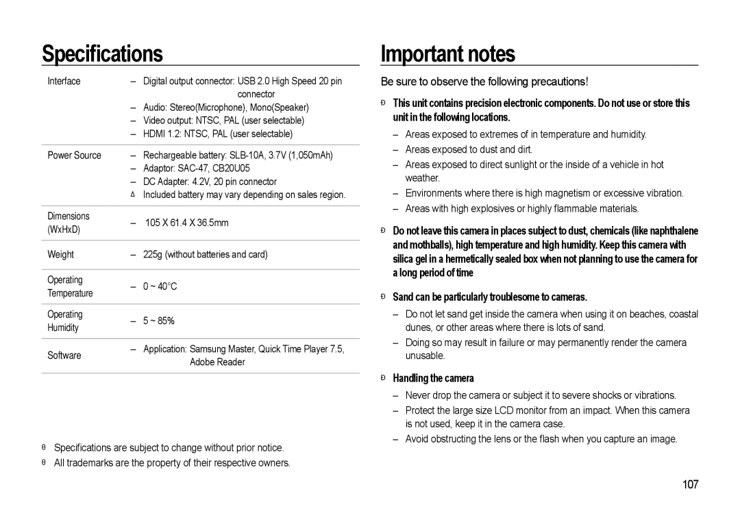 Samsung EC-WB550ABP/E3 manual Important notes, Be sure to observe the following precautions, Handling the camera, 107 