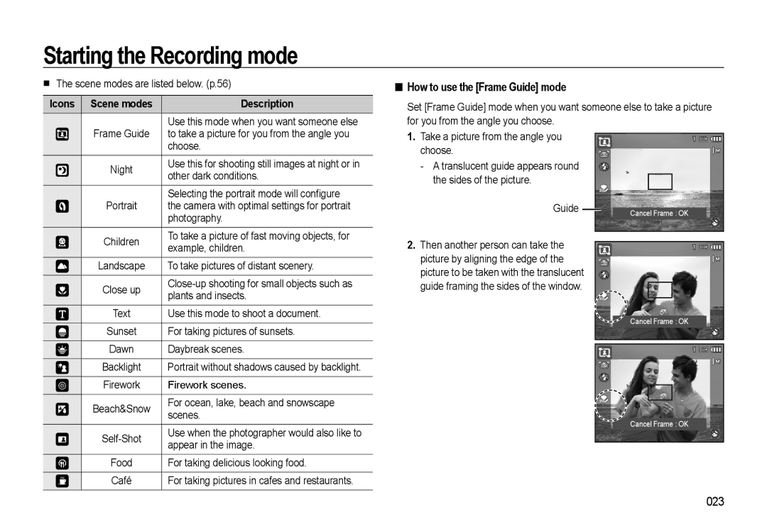 Samsung EC-WB550ABP/IT, EC-WB550BBP/FR, EC-WB550ABP/FR How to use the Frame Guide mode, 023, Icons Scene modes Description 