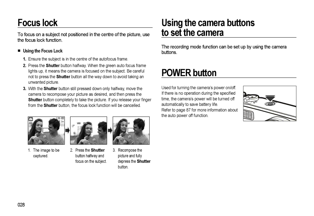 Samsung EC-WB550ABP/ME, EC-WB550BBP/FR manual Focus lock, Power button, Using the Focus Lock, 028, Picture and fully 