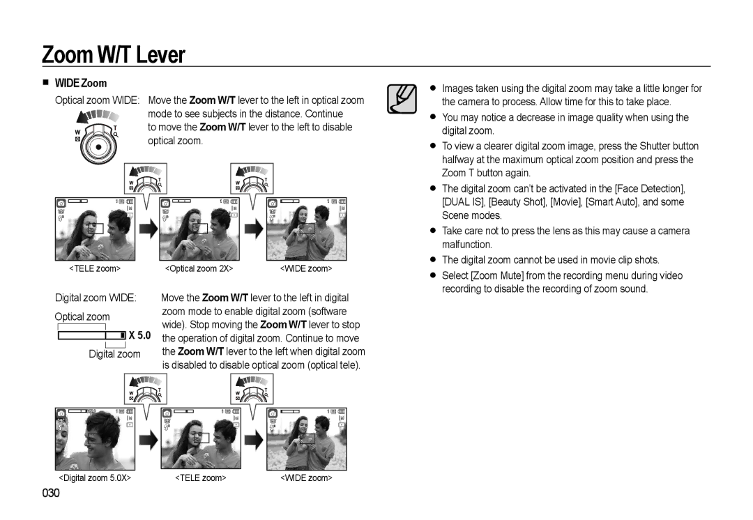 Samsung EC-WB550BBP/SA, EC-WB550BBP/FR, EC-WB550ABP/FR, EC-WB560BBP/FR manual Wide Zoom, 030, Digital zoom Wide Optical zoom 