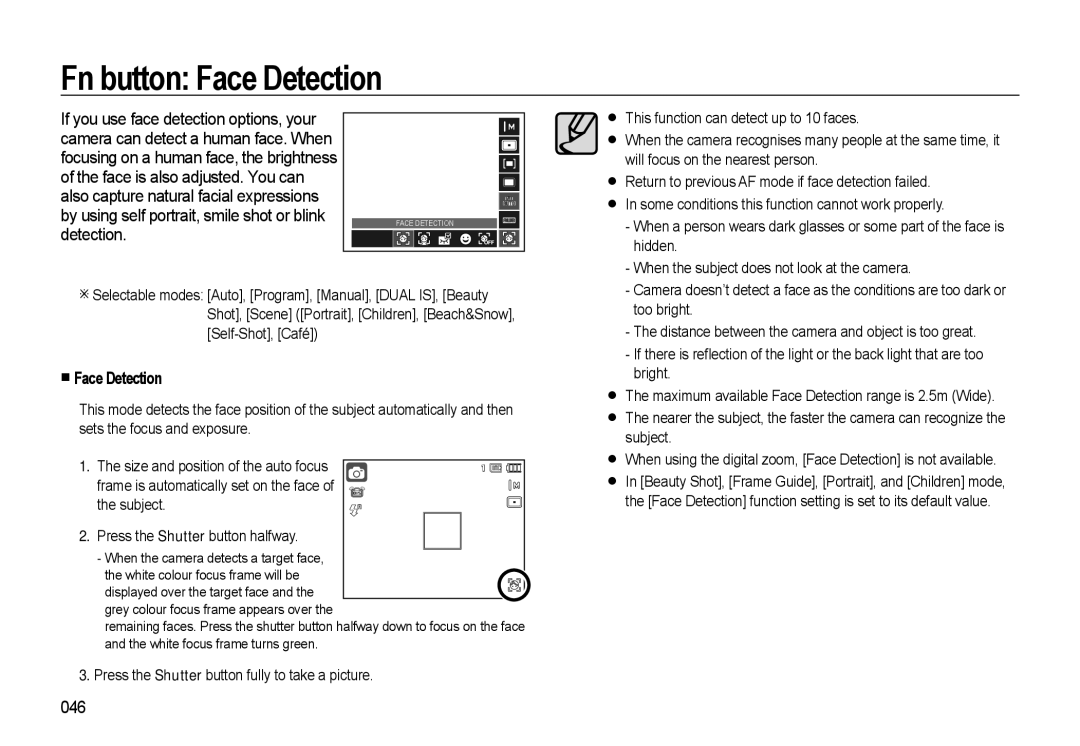 Samsung EC-WB550BBP/GB, EC-WB550BBP/FR, EC-WB550ABP/FR, EC-WB560BBP/FR, EC-WB550BBP/IT manual Fn button Face Detection, 046 