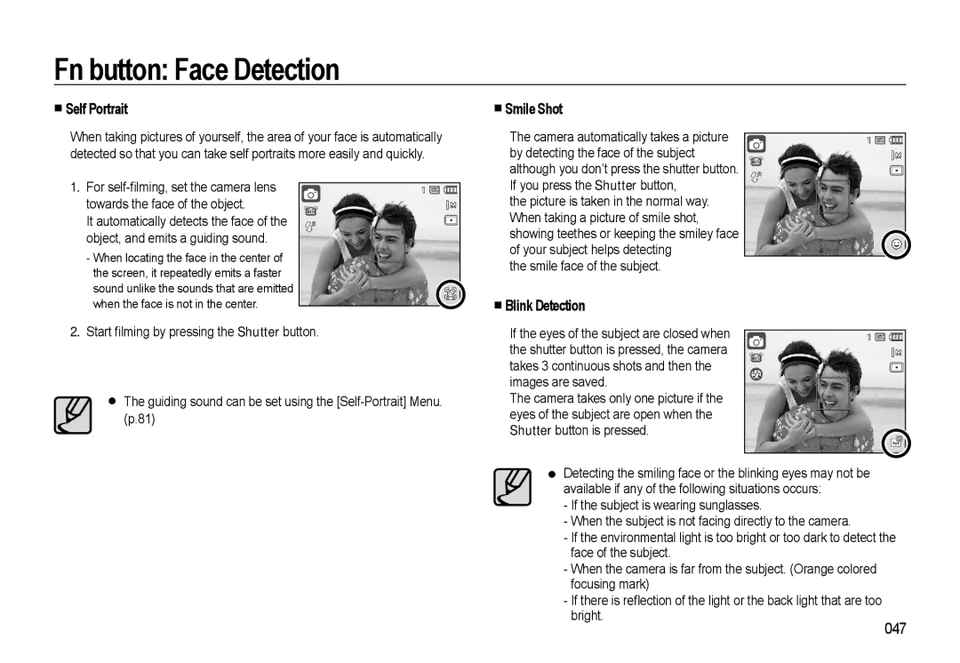 Samsung EC-WB550ABP/ME, EC-WB550BBP/FR, EC-WB550ABP/FR, EC-WB560BBP/FR manual Self Portrait, Smile Shot, Blink Detection, 047 