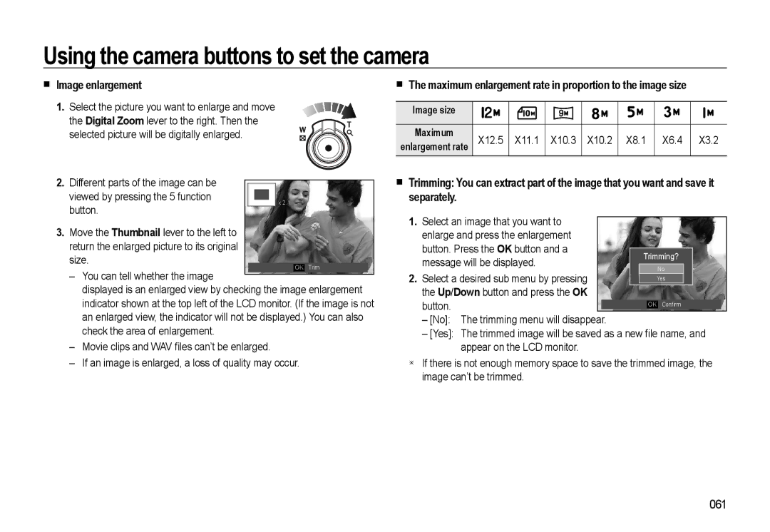 Samsung EC-WB550ABP/IT, EC-WB550BBP/FR Image enlargement, Maximum enlargement rate in proportion to the image size, 061 