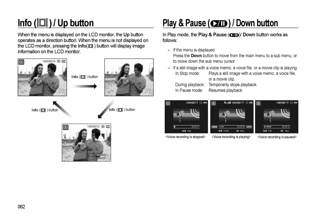 Samsung EC-WB550BDP/AS, EC-WB550BBP/FR, EC-WB550ABP/FR, EC-WB560BBP/FR Info / Up button, Play & Pause / Down button, 062 