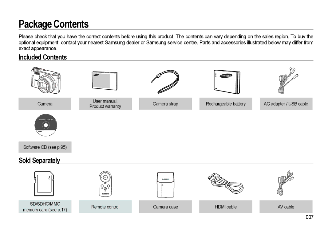 Samsung EC-WB550ABP/SA, EC-WB550BBP/FR, EC-WB550ABP/FR, EC-WB560BBP/FR, EC-WB550BBP/IT, EC-WB550BBP/E1 manual Package Contents 