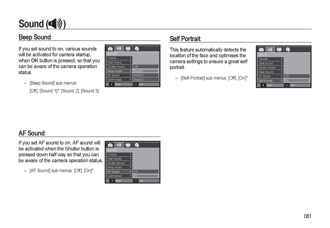 Samsung EC-WB550BDP/AS manual Beep Sound Self Portrait, AF Sound, 081, Beep Sound sub menus, Off, Sound 1*, Sound 2, Sound 