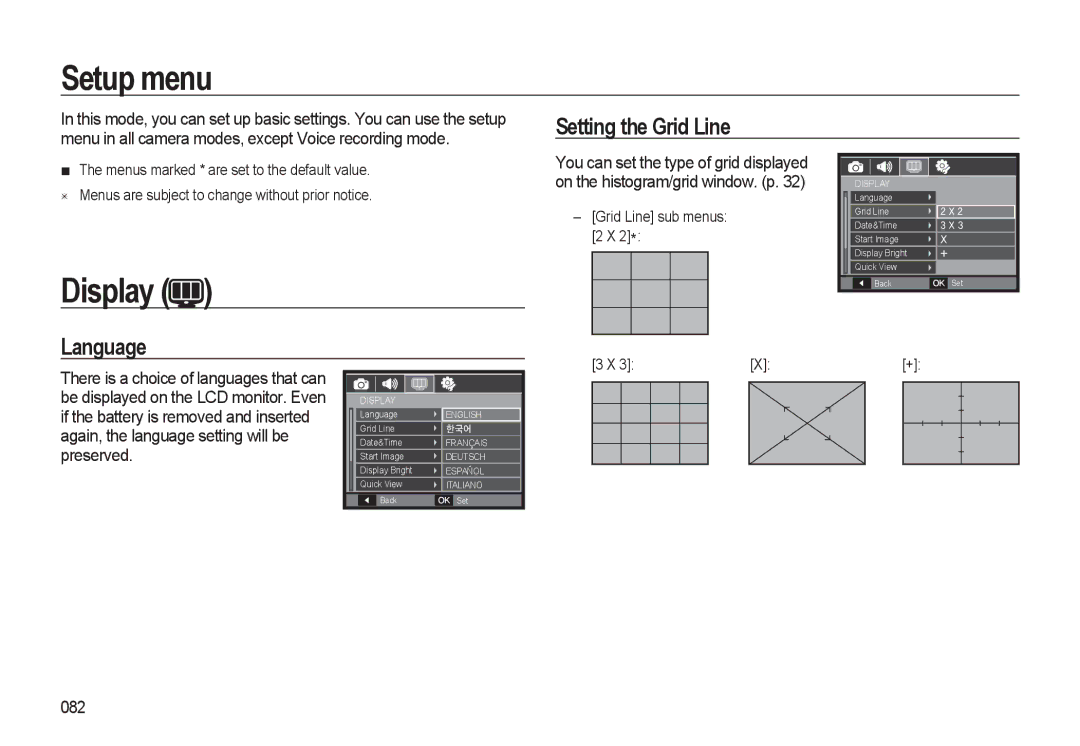 Samsung EC-WB550ABP/E1, EC-WB550BBP/FR, EC-WB550ABP/FR manual Setup menu, Display, Setting the Grid Line, Language, 082 