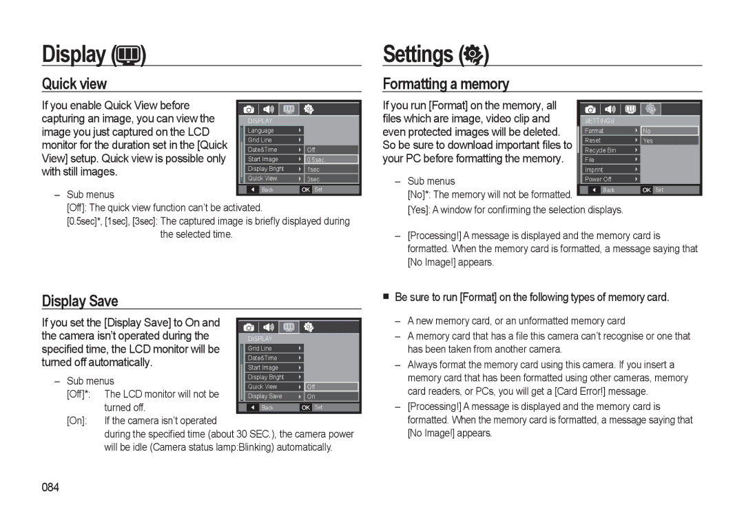 Samsung EC-WB550BBP/GB, EC-WB550BBP/FR, EC-WB550ABP/FR manual Settings, Quick view, Formatting a memory, Display Save 